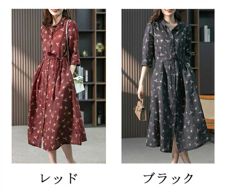 バッカのシャツワンピース レディース ロング 夏 五分袖 ロングワンピース 花柄ワンピース 夏ワンピ ロングワンピ 花柄 前開き 膝下丈 体型カバー ワンピース 大きいサイズ ゆったり 30代 40代 きれいめ お洒落 春夏 ブラック レッド｜アングル2
