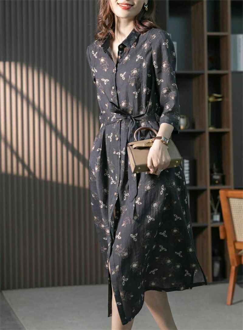 バッカのシャツワンピース レディース ロング 夏 五分袖 ロングワンピース 花柄ワンピース 夏ワンピ ロングワンピ 花柄 前開き 膝下丈 体型カバー ワンピース 大きいサイズ ゆったり 30代 40代 きれいめ お洒落 春夏 ブラック レッド｜アングル3