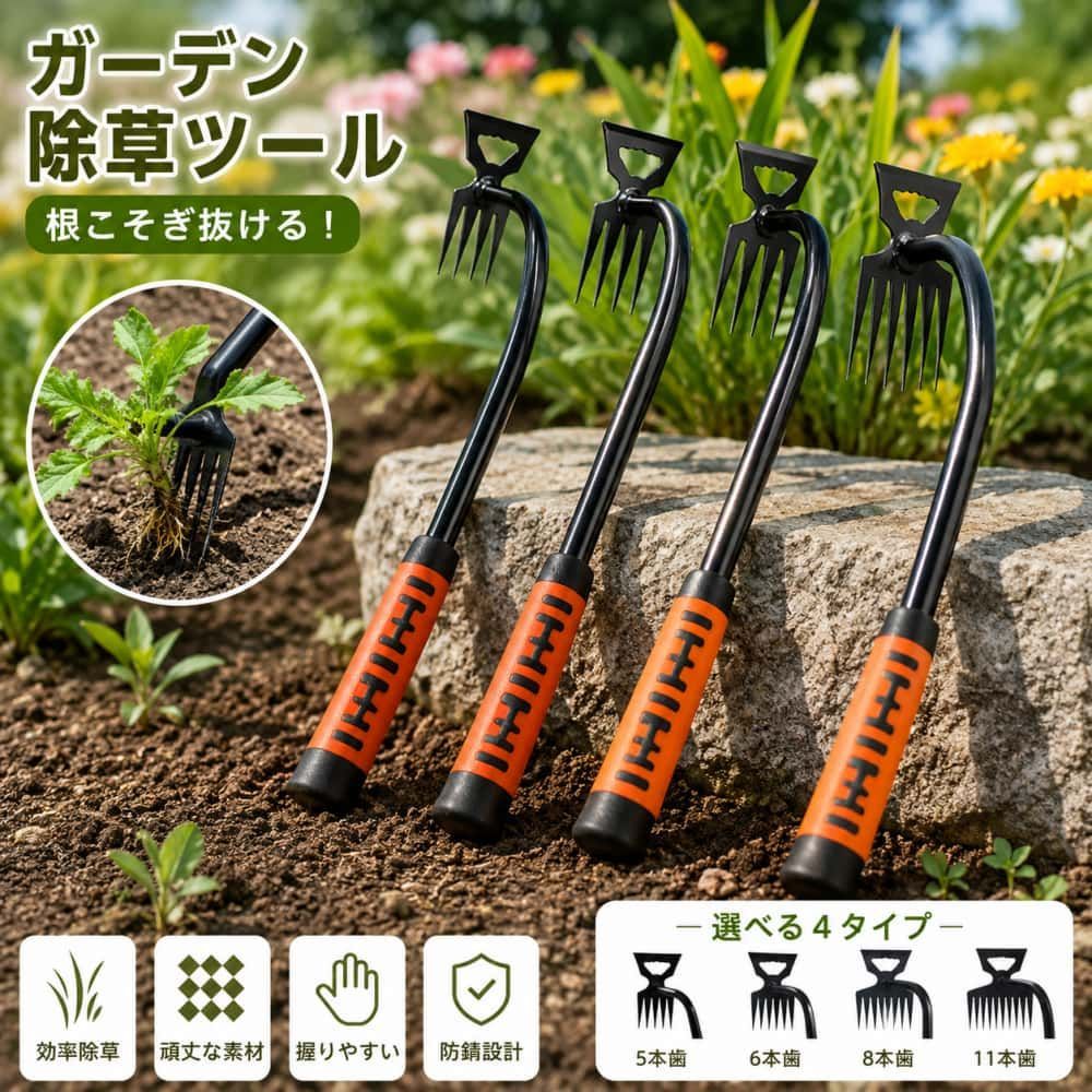 alket オリジナル商品 スチール製雑草抜き鍬 防錆ガーデンハンド除草機 ゴムグリップ付 5/6/8/11本歯 家庭花壇・芝生・畑用除草ツール 項目 詳細 商品番号 wyf866376d41d 送料 全国送料無料（沖縄・北海道は別途送料が発生します） 素材 スチール製 防錆加工、ゴム製ハンドル 歯タイプ 5本歯 / 6本歯 / 8本歯 / 11本歯 4種展開 対応場所 庭、芝生、花壇、畑、家庭園芸 パッケージ内容 雑草抜き除草ツール ×1個 ? 商品特徴 特徴 内容 爪付きで雑草簡単除去 先端爪設計で庭や芝生の雑草を根から簡単に引き抜くことができます。 スチール素材丈夫で長持ち 耐摩耗性に優れた防錆スチール採用、長期間安定して使用可能です。 人間工学ゴムハンドル 握り心地柔らかいゴムグリップ、長時間作業しても手が痛くなりにくい設計です。 小型軽量携帯簡単 コンパクト軽量タイプで持ち運び・保管が手間なし、屋外各場所に適します。 多シーン汎用園芸道具 家庭花壇、芝生、畑など様々な草取り作業に活用でき実用的です。 📏 サイズ一覧 歯タイプ 寸法・在庫状況 5本歯 38cm×4.5cm×10cm / 14.96インチ×1.77インチ×3.94インチ 在庫あり 6本歯 37cm×6cm×10cm / 14.57インチ×2.36インチ×3.94インチ 在庫あり 8本歯 38cm×8cm×10cm / 14.96インチ×3.15インチ×3.94インチ 在庫あり 11本歯 38cm×11cm×13.5cm / 14.96インチ×4.33インチ×5.31インチ 在庫あり 🎨 カラー一覧 カラー 在庫状況 スチール無垢色 在庫あり ?? ご利用上の注意 ・単位換算基準：1インチ＝2.54cm、1cm＝0.393インチ ・手作業採寸のため0〜1cm程度の寸法誤差が生じる場合がございます。予めご了承ください。 ・光の反射・閲覧端末により実物と色味に差異が発生することがあります。 ・生産ロットにより微妙な寸法・質感の誤差が発生することがあります。 　寸法・色味誤差を理由とした返品・交換は承っておりません。 ・出荷前に検品を行っており、検品のため開封する場合がございます。 ・初期不良がある場合は、商品到着後7営業日以内に不具合箇所の写真を添えてご連絡ください。 ・落下衝撃、硬い物に強く打ち付けるなど誤使用による変形・錆びにつきましては保証対象外となります。 🚫 返品・交換不可ケース ・商品使用済み、歯の変形・錆・汚損・傷付きが確認された場合 ・サイズ不適合・色味イメージ違いなどお客様都合による返品・交換 ・衝撃など誤使用による本体破損 ・頻繁な返品交換、転売目的と判断したご注文 alket いつもご愛顧ありがとうございます