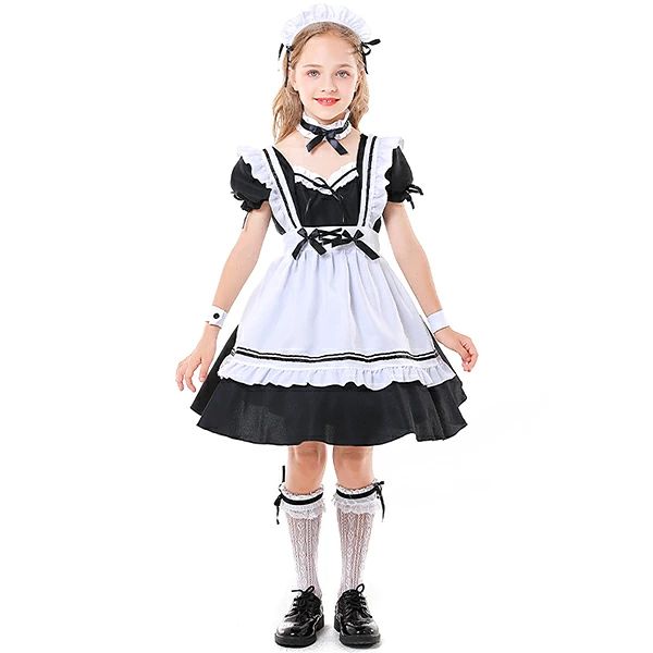 バッカのメイド服 女の子 クラシカル ロイヤルメイド ワンピース キッズ メイド 髪飾り付き 蝶結び エプロン 子供コスチューム ハロウィン衣装 子供 コスプレ キッズ ベビー 女の子 エプロン 子供用 ハロウィン仮装 ワンピース ハロウィーン 変装｜アングル3