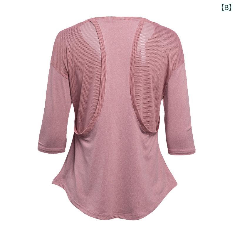 バッカのフィットネスウェア Tシャツ ランニング ヨガ スポーツ トップス レディース 七分袖 ラウンドネック プルオーバー メッシュ ゆったり 通気 速乾 ソフト カジュアル シンプル 白 ピンク 黒｜アングル3