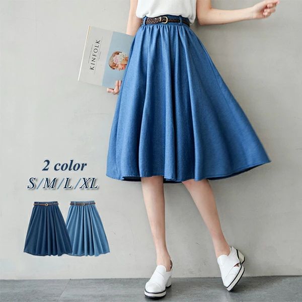■商品名：デニムスカート ■素材：コットン ■サイズ：S/M/L/XL(具体はサイズ表をご参考ください。) ※実寸は平置きでメジャーによる採寸のため、多少の誤差が生じる場合がございます。 ■カラー：ブルー/ネイビー ■モデル情報：身長：165cm　体重:48kg ■生産国:中国 注意点： ●生産時期により、色・サイズ・デザインが多少が異なる場合がございます。あらかじめ御了承下さい。 ●サイズ表記は手作業にて行っておりますので、実物と若干の誤差が生じる場合があります。 ●商品写真はできる限り実物の色に近づけるよう徹底しておりますが、お使いのモニター設定、お部屋の照明等により実際の商品と色味が異なる場合がございます。 ●発送上の状態によって商品がシワになる場合がございます。予めご了承くださいませ。 ●当商品は機械による生産の過程上、どうしても「生地を織る際の糸の継ぎ目」や多少の「ほつれ」、生地の織りに他繊維が「混紡」しているなどが生じている場合がございますが、品質上の問題ではございません。 ●加工工程で混じり込んでしまう浮遊する繊維、ほつれた糸が生地に混じることを起きる可能性がございますので、異物混入に見えますが、不良品ではございません。 ●多少縫製があらいもの、シワ・糸クズが多い場合、素材表示が実際と異なるものが付いている場合がございます。 ●輸入品となりますので多少の傷、汚れ、縫製時の乱れがある場合がございます。 ●商品によっては染料の性質上、汗や摩擦により、色落ちしたり他に色移りすることがありますので、ご注意ください。 ●色の違う物と一緒につけ置きや洗濯をしないで下さい。 ●生地の特性上、匂いが強く感じられるものもございます。数日のご使用や陰干しなどでほとんど感じられなくなります。 ●長時間濡れたままで重ねて置いたり、摩擦（特に湿った状態での摩擦）や、汗や雨などでぬれた時は他の衣料等に移染する場合がございますのでお気を付け下さいませ。また他の物とは分けて洗って下さいませ。 ●商品により、色落ち・色移りがある場合がございます。 ●漂白剤の使用はお避け下さい。