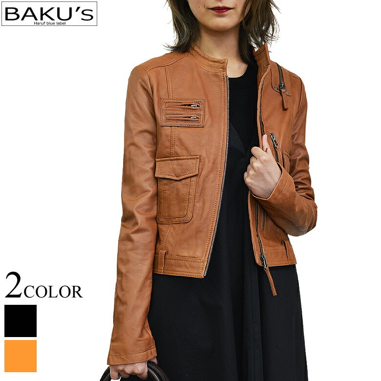 Leather - ライダースジャケット レザージャケット 革ジャン レディース 本革 シングルライダース スタンド ノーカラー ショート丈 ラムレザー ビンテージ レディースジャケット キャメル 秋冬 pd075cam アウター 春