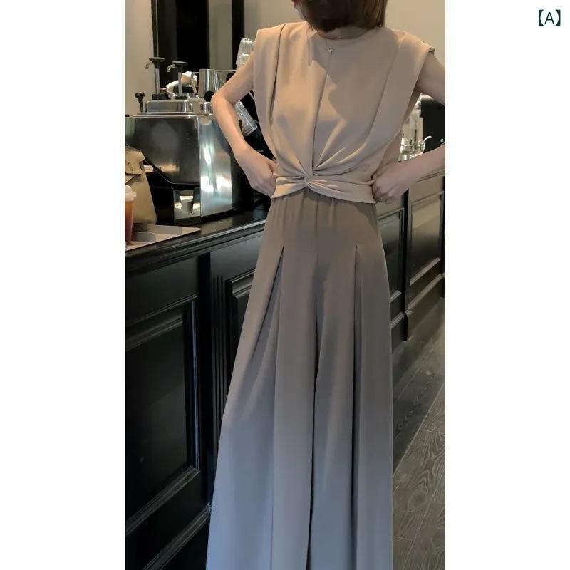 セットアップ レディース Vネック レディース 夏服 セットの 袖なしの ウエスト v ネックの 上着と カジュアル ワイド パンツの セット