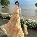 フラワープリント フリルスカート フランス 風のの ハスの 葉の 縁の 花の サスペンダーの ワンピースの レディース 夏の 高級 感の 海辺の 休暇の ビーチの ロング スカートx2