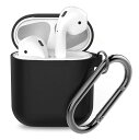AirPodsケース、Apple AirPods 1/2用シリコンケース 全面保護 耐衝撃 防水 カラビナ付き 紛失防止(ブラック)(2)