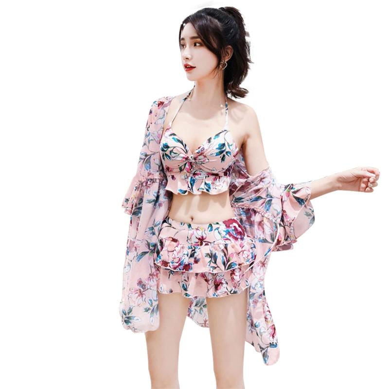 [Mskikefly] 水着 レディース 体型カバー ビキニ 3点セット 花柄 パッド付き ワイヤー入り 女性用 大きいサイズ ビスチェ ラッシュガード