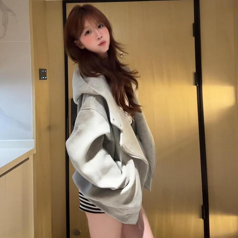 カジュアル ゆったり 長袖 パーカー ジップ 秋冬 グレーの フード付き スウェットシャツ ジャケット レ..