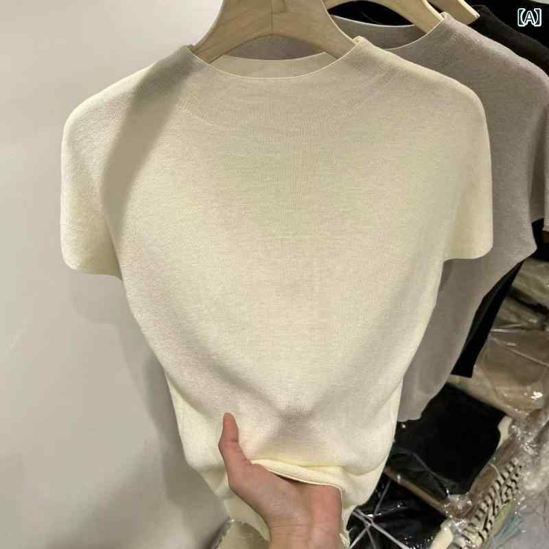 半袖ニット 上品 大人 シンプル レディース ニット セーター リブニット ハイネック 半袖 レディース ..