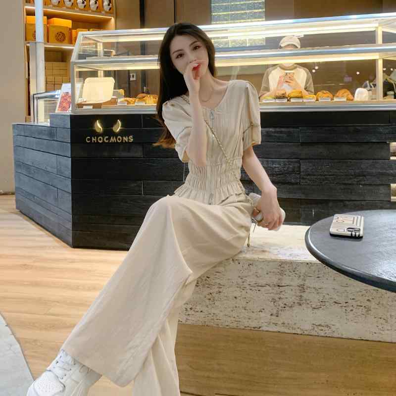 長ズボン カットソー 吸汗速乾 レディース おしゃれ アプリコット 色の シャネル 風 スーツ 夏 女性用 スリム 年齢を 減らす ストリート スタイル カジュアル スポーツ ワイド レッグ パンツ ツーピース