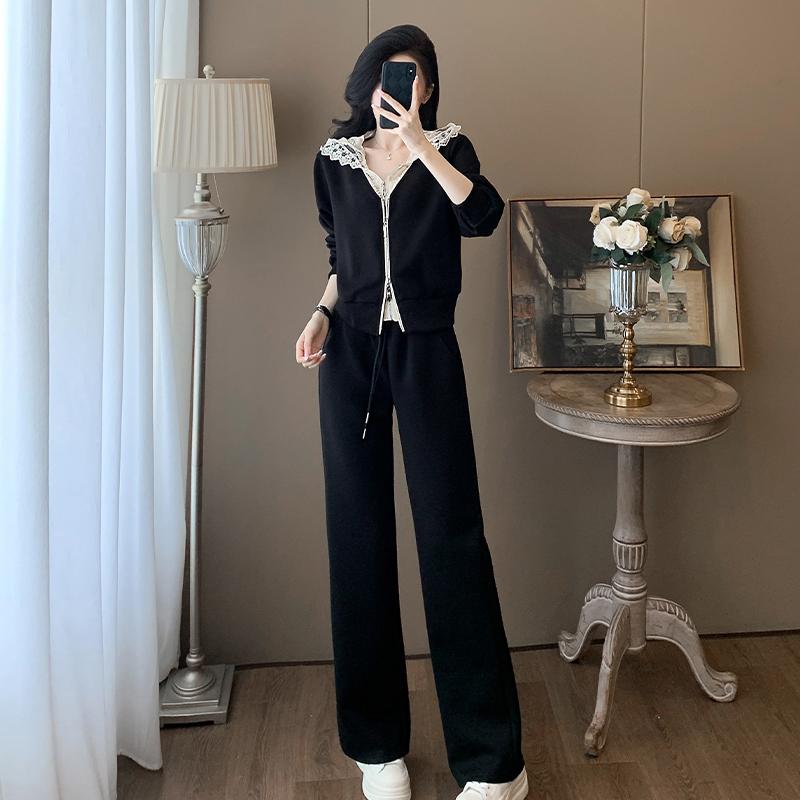 長ズボン カットソー 吸汗速乾 レディース おしゃれ の 商品 黒の ファッション カジュアル スーツ 女性用 秋 スタイル 年齢を 感じさせにくい スリム フェイク ツーピース フード付き ワイド レッグ パンツ