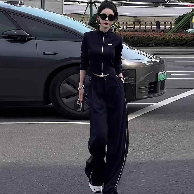 長ズボン カットソー 吸汗速乾 レディース かわいい 2025 春の レディース向け カジュアル スポーツ スーツ ブラックの ハイエンド ストリート スタイル スウェットシャツ ワイド レッグ パンツ ツーピース