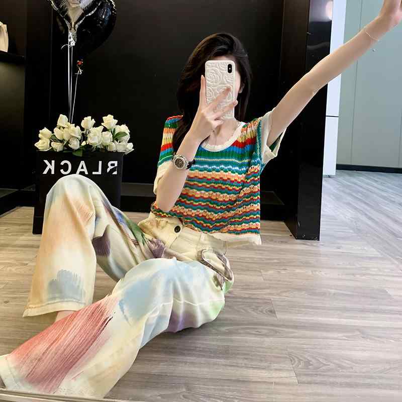 長ズボン カットソー 吸汗速乾 レディース かわいい キャンディーカラーの カジュアル ファッション スポーツ スーツ 女性用 夏用 ストリート リティ 半袖 ニット トップ ジーンズ ツーピース