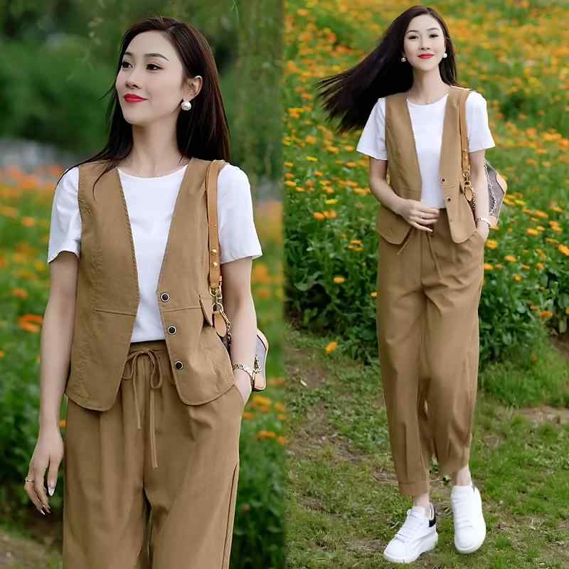 長ズボン カットソー 吸汗速乾 レディース かわいい レディースな スポーツウェア スーツ 2024 夏の カジュアル レトロ スタイル 半袖 ベストと パンツ 3 点 セット