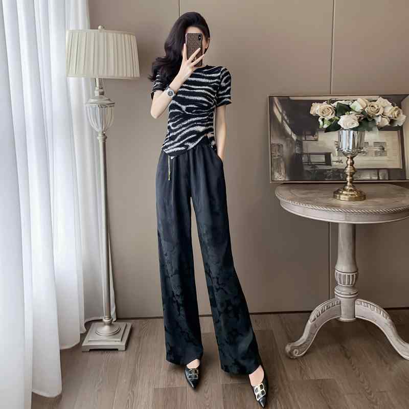 長ズボン カットソー 吸汗速乾 レディース かわいい の 品物 夏の 女性用 高級 カジュアル スポーツ スーツ で スタイリッシュな スリム ゼブラ 柄の トップスと ワイド レッグ パンツの ツーピース