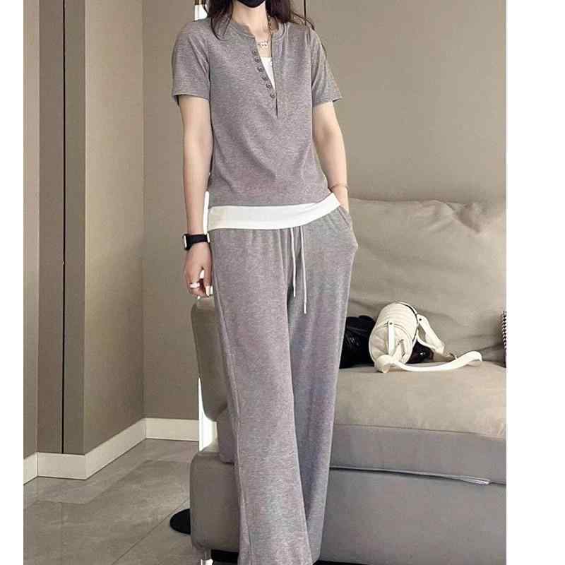 長ズボン カットソー 吸汗速乾 レディース かわいい レディーススーツ 2025 春秋 Vネック 韓国 カジュアル トップス ゆったり 万能 スリム ストレート パンツ ツーピース スーツ