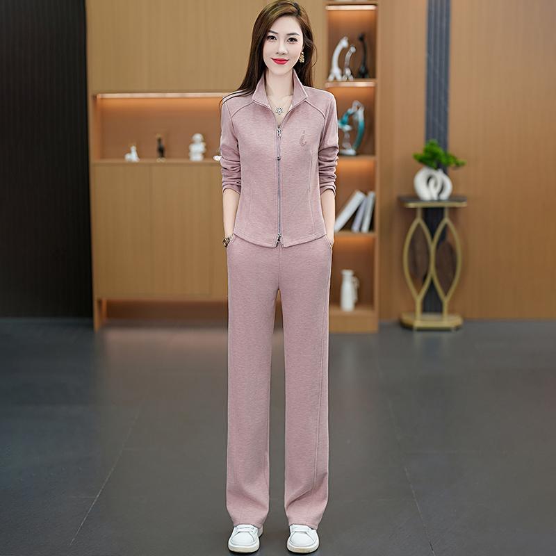 長ズボン カットソー 吸汗速乾 レディース かわいい 高級 ファッション カジュアル スポーツ スーツ 女性用 春 2025 スタンドカラー スリム セーター ストレート パンツ ツーピース