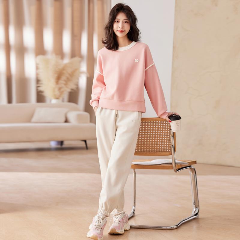 長ズボン カットソー 吸汗速乾 レディース かわいい 女性用 高級 スポーツ スーツ ファッション ウェア 春秋 ニット コントラスト カジュアル ラウンドネック スウェットシャツと スウェットパンツの ツーピース