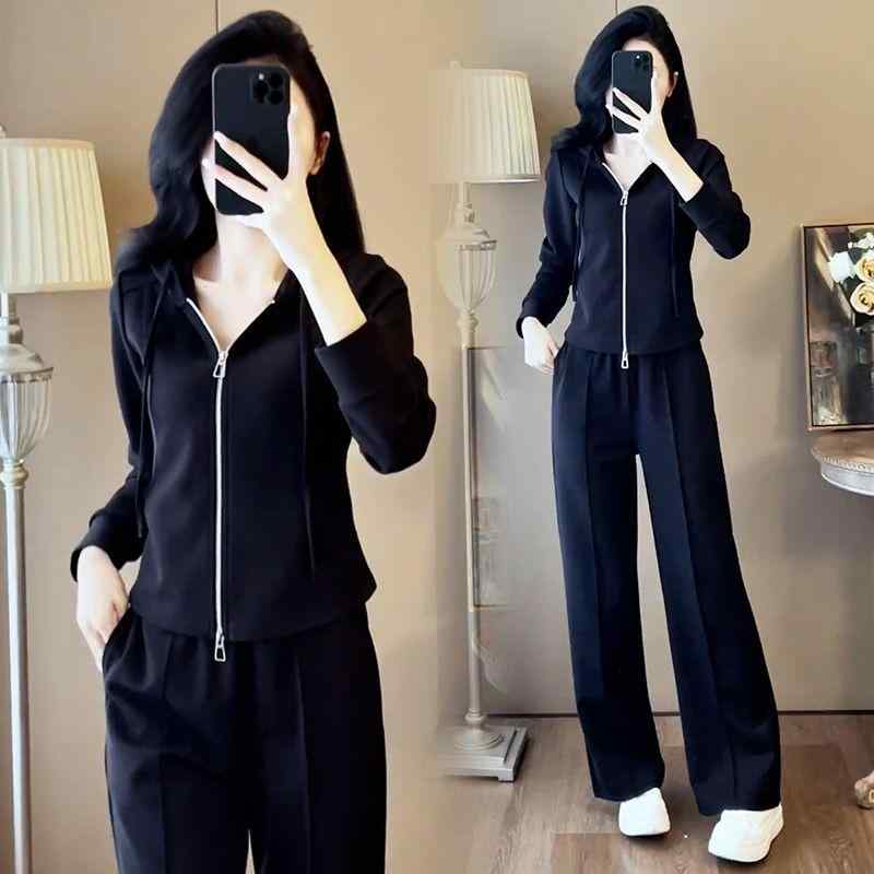 長ズボン カットソー 吸汗速乾 レディース かわいい ファッション ジッパー スウェットシャツ スポーツウェア スーツ 女性用 2025 早春 ジャケット ワイド レッグ パンツ ツーピース