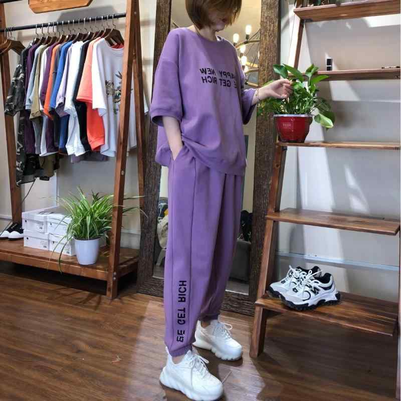 長ズボン カットソー 吸汗速乾 レディース かわいい の 大きめ サイズ レディース 春夏 太った mm カジュアル ファッション スポーツ スーツ ミッド スリーブ Tシャツ スウェットパンツ 年齢を 減らす ツーピース