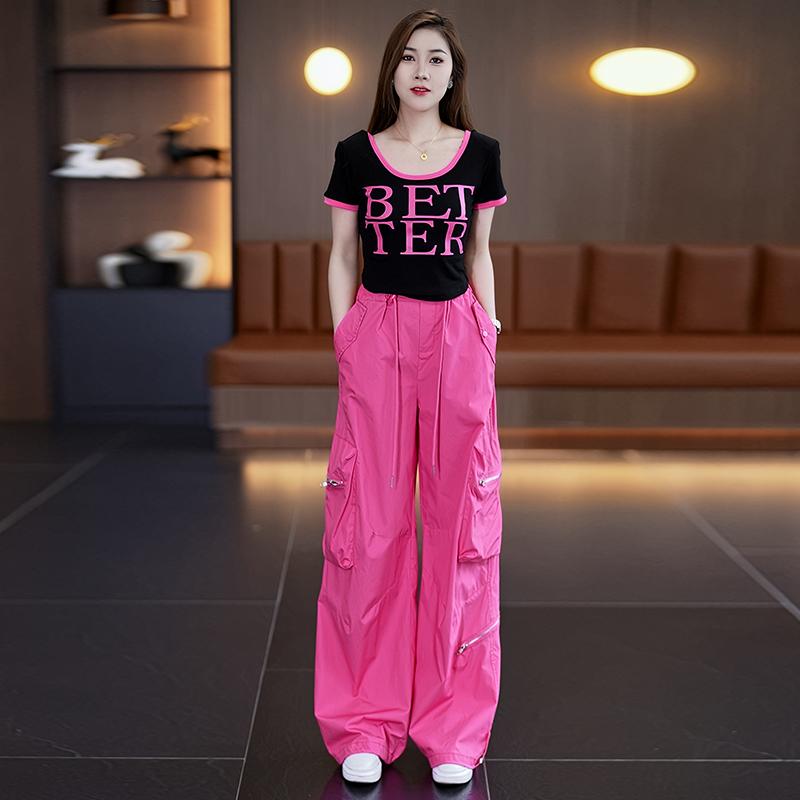 長ズボン カットソー 吸汗速乾 レディース おしゃれ 韓国 ドーパミン 速乾 オーバー オール レディース 夏 ハイウエスト ファッション スポーツ レジャー クール 半袖 ワイド レッグ パンツ ツーピース セット