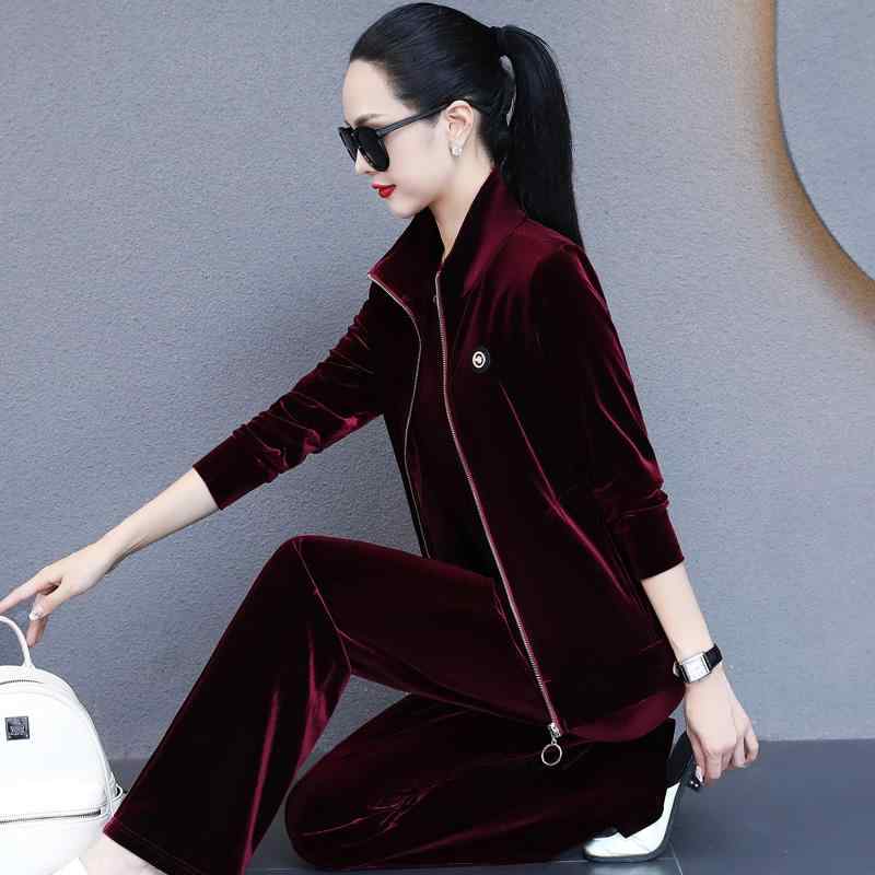 長ズボン カットソー 吸汗速乾 レディース おしゃれ 韓国 女性用 ゴールド ベルベット スポーツ スーツ 春秋 2025 セーター ゆったり ワイド レッグ パンツ カジュアルウェア スリーピーススーツ