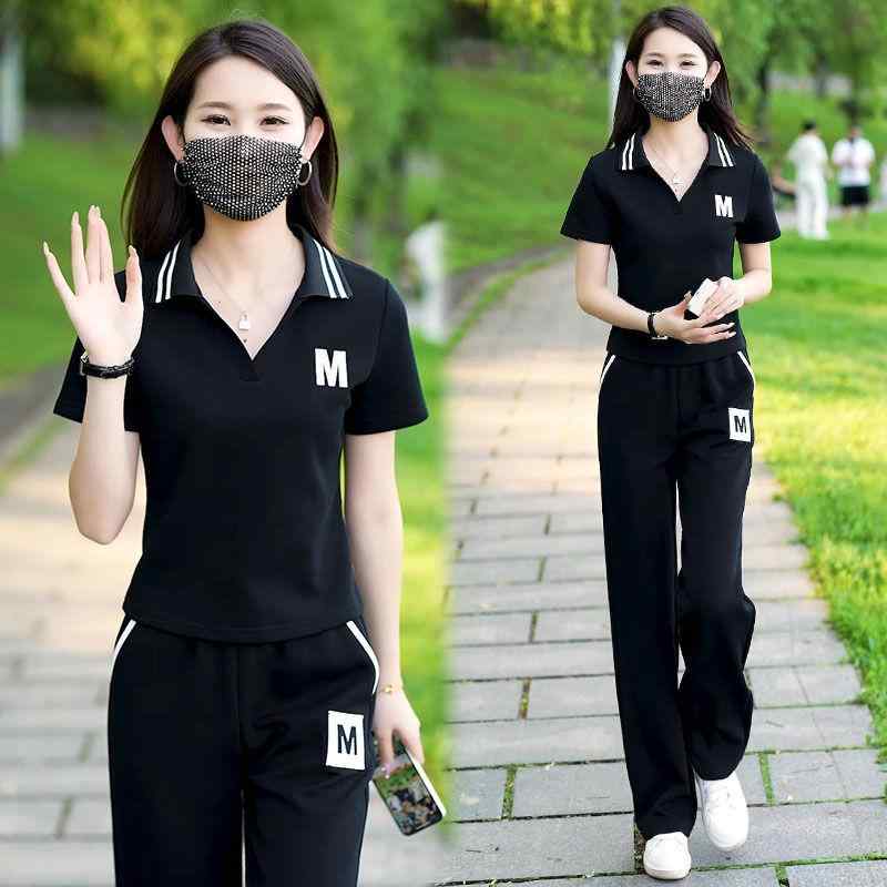 長ズボン カットソー 吸汗速乾 レディース おしゃれ 韓国 レディース カジュアル スポーツウェア スーツ 2024 夏の 小さい 年齢を 軽減 する 半袖 ワイド レッグ パンツ 2 点 セット