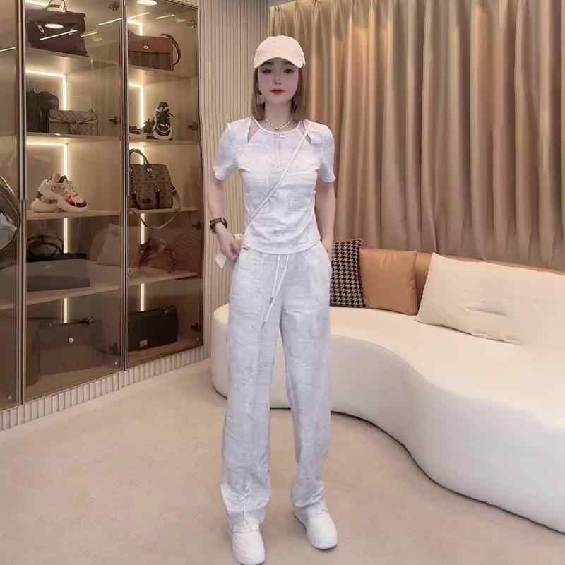 長ズボン カットソー 吸汗速乾 レディース おしゃれ 韓国 の 高級 カジュアル スポーツ スーツ 女性用 夏 2025な ストレート ワイド レッグ パンツ ツーピース