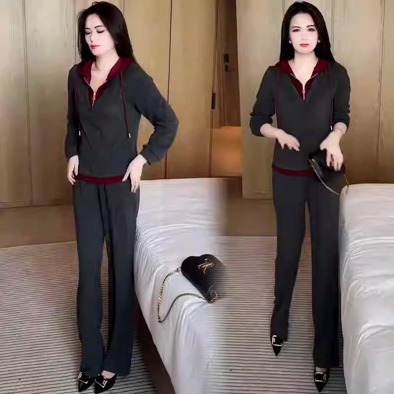 長ズボン カットソー 吸汗速乾 レディース おしゃれ 韓国 女性用 カジュアル スポーツ スーツ 2025 春秋 ファッション フェイク ツーピース スウェットシャツ ワイド レッグ パンツ