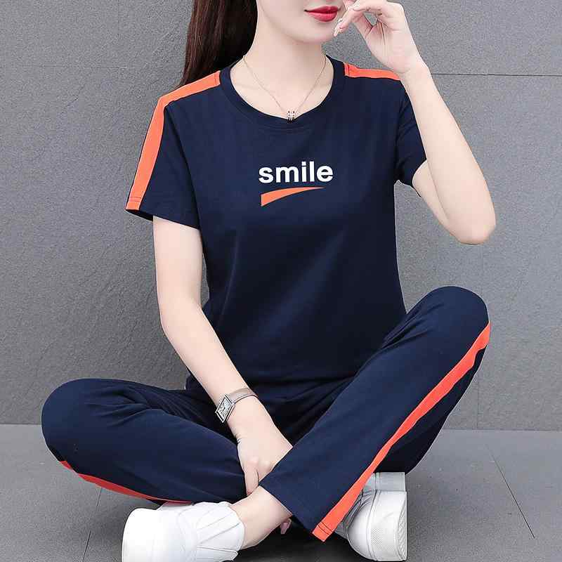長ズボン カットソー 吸汗速乾 レディース おしゃれ 韓国 母の 夏の 薄手 スポーツ スーツ 中年 レディース 綿の 半袖 Tシャツで カジュアル ツーピース