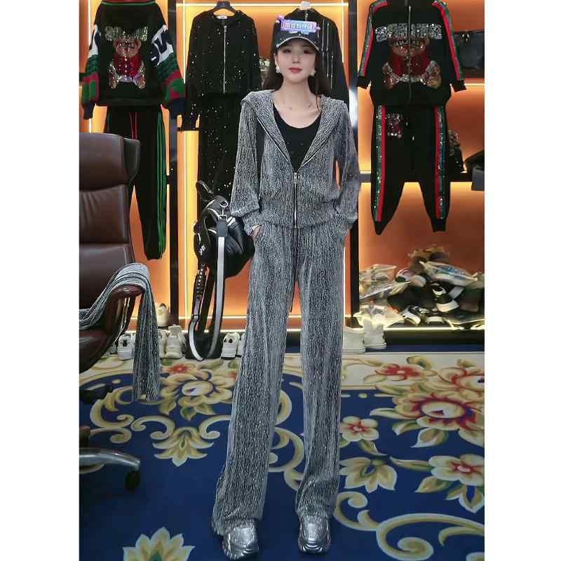 長ズボン カットソー 吸汗速乾 レディース トップス オシャレ 韓国 の 商品 な ホット スポーツ スーツ 女性用 春秋 2025年 韓国 ゆったり ハイウエスト ワイド レッグ パンツ ツーピース