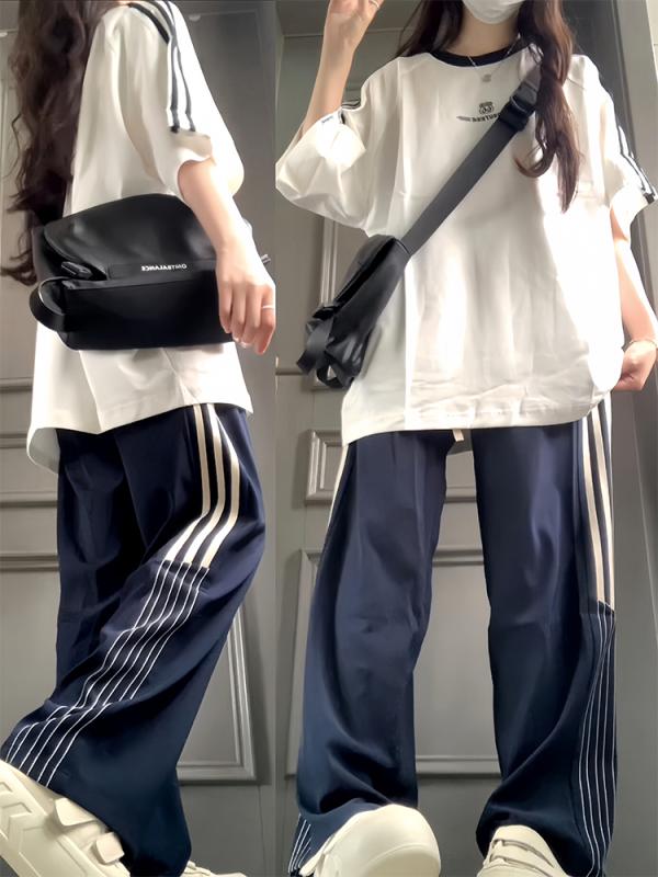 長ズボン カットソー 吸汗速乾 レディース トップス オシャレ 韓国 夏の レディース アメリカ カジュアル スポーツウェア スーツ 綿の ゆったりした ステッチの ストライプの 半袖 ズボンの ツーピース