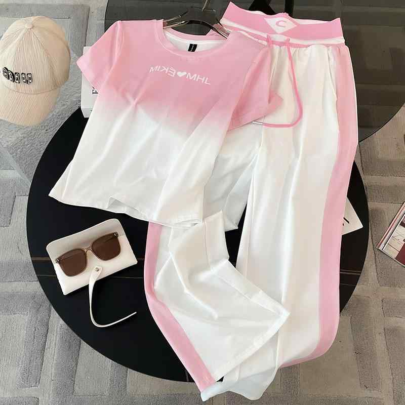 長ズボン カットソー 吸汗速乾 レディース トップス オシャレ 韓国 グラデーション 半袖 スポーツ スタイル スーツ レディース 夏 2025 韓国 カジュアル ファッション ワイド レッグ パンツ ツーピース 年齢を 減らす ゆったり