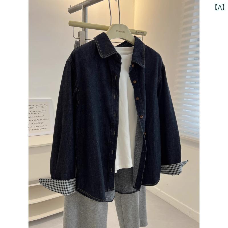 デニム シャツ ブラウス 長袖 青 レディース 日 系 レトロ 紺色の 襟 付き 長袖 デニムシャツ レディー..