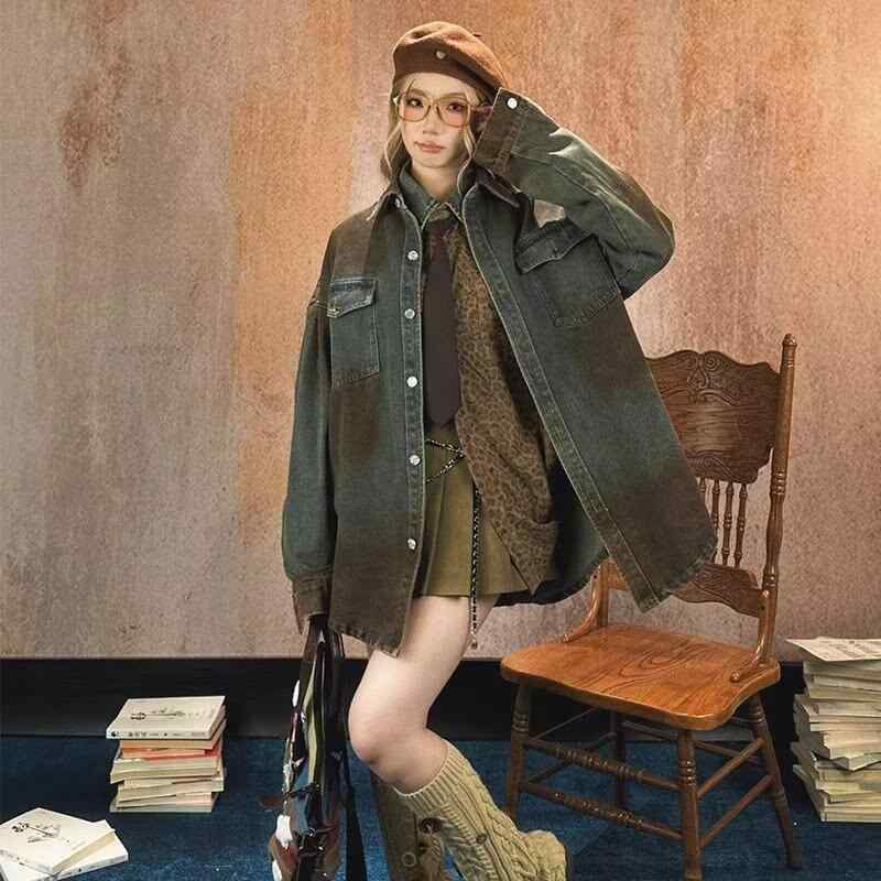 レディース デニムシャツ ジャケット レトロ ヴィンテージ ウォッシュ加工 錆風 シルエット 性 高さ ゆったり カジュアル トップス ア..