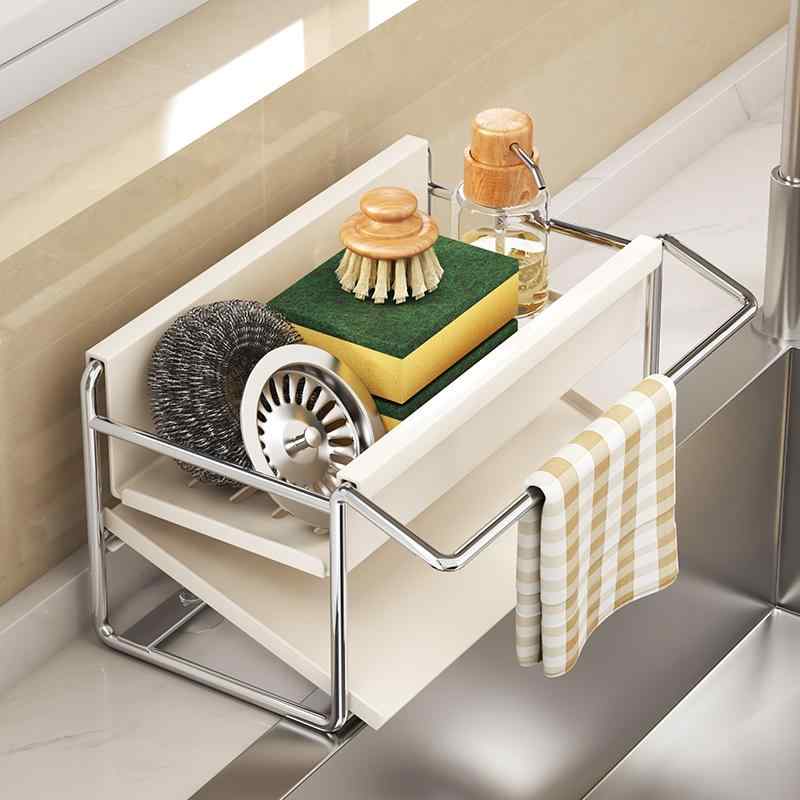 スポンジ ホルダー 台所 キッチン ラック 便利 シンク 排水 収納 アーティファクト 雑巾 金たわし ブラシ 食器 洗い 蛇口 野菜 ホワイト グレー