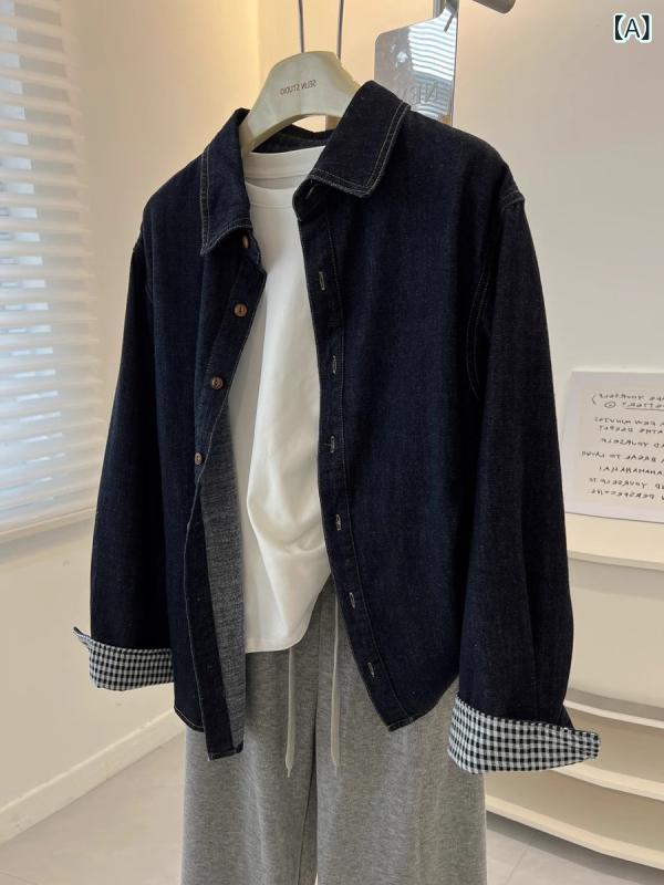 デニム シャツ ブラウス 長袖 青 レディース 紺色 レトロ 正 肩 デニムシャツ 女性 春秋 高級 感 重ね ..