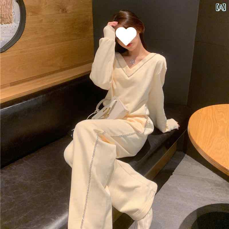 セットアップ レディース Vネック カジュアル スポーツ スーツ 女性 2025 春秋 v ネック スリム スリム ガードル ワイド パンツ 2点 セット ブーム