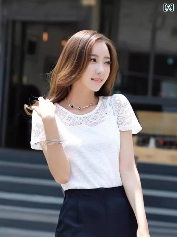 ティアード チュニック ブラウス ぽわん袖 レディース クロスボーダー り レース 女性 夏の 新型 韓国 半袖 t シャツ 上着を 身に 着けています。