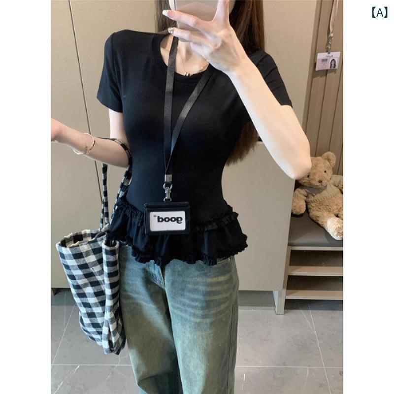 ティアード チュニック ブラウス ぽわん袖 レディース 2025 ホット スタイル フリル 黒 半袖 Tシャツ レディース ウエスト トップ 服