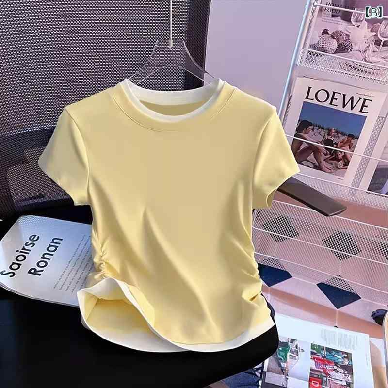 ティアード チュニック ブラウス ぽわん袖 レディース ドーパミン カラー Tシャツ 夏の新 モーダル 両面 プリーツ スリムフィット フェイク ツーピース 半袖 トップ 女性用