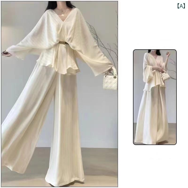 セットアップ レディース Vネック フランス v ネック 上着 2点 セットの レディース 垂れ 込み 感の ある ワイド パンツは 早春に 2025の 新型 高級 感の ある 雰囲気の スーツを 着ます。