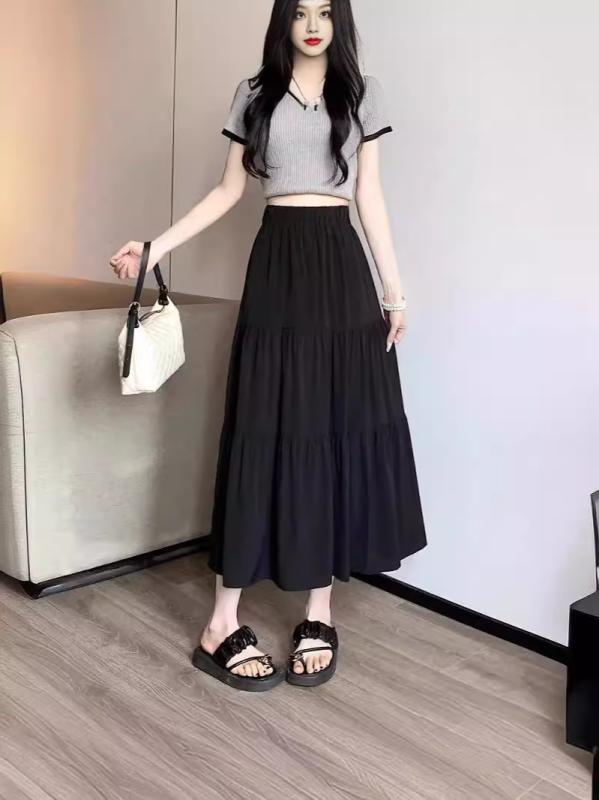 スカート レディース 春夏 ブラック ハイウエスト プリーツ Aライン ロング 高級感 細見え 上品 個性的 フェミニン 洗練 通勤用 普段使い デート
