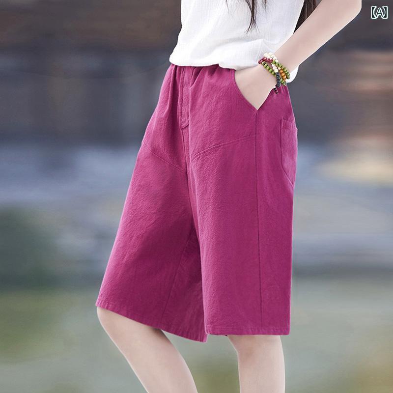 ワイドパンツ レディース涼しい素材ウエストゴム入り楽ちんパンツ 体型カバー 夏服