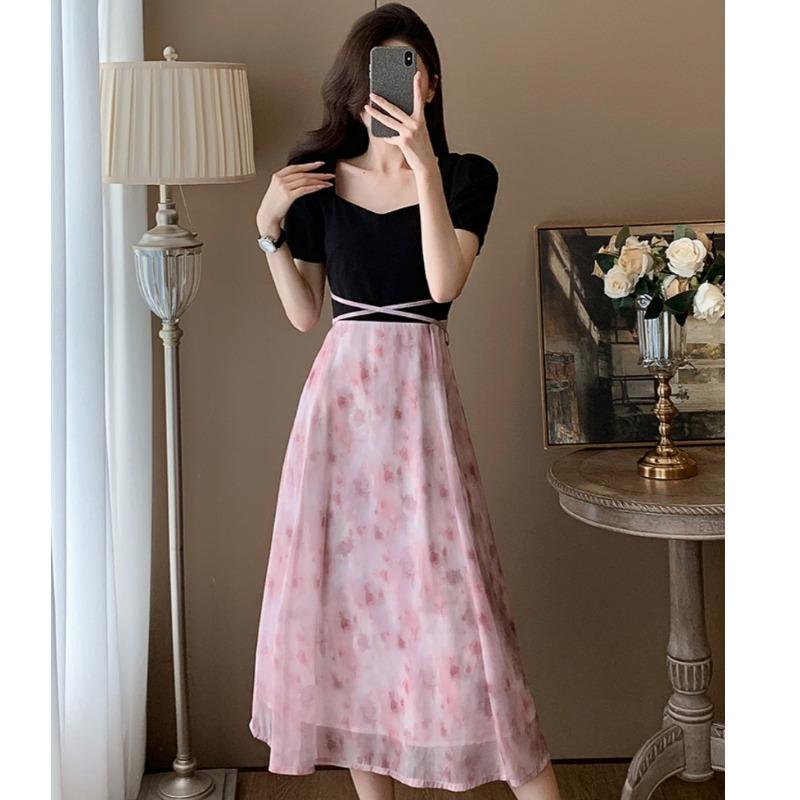 プリーツ ロング マキシ丈 きれいめ Aライン フレア 大人 シフォンドレス ワンピース レディース 夏の シックで 美しい 花柄 シフォン パッチワーク ミニ スカート ハイエンドな 年齢を 減らす ユニークな ドレス