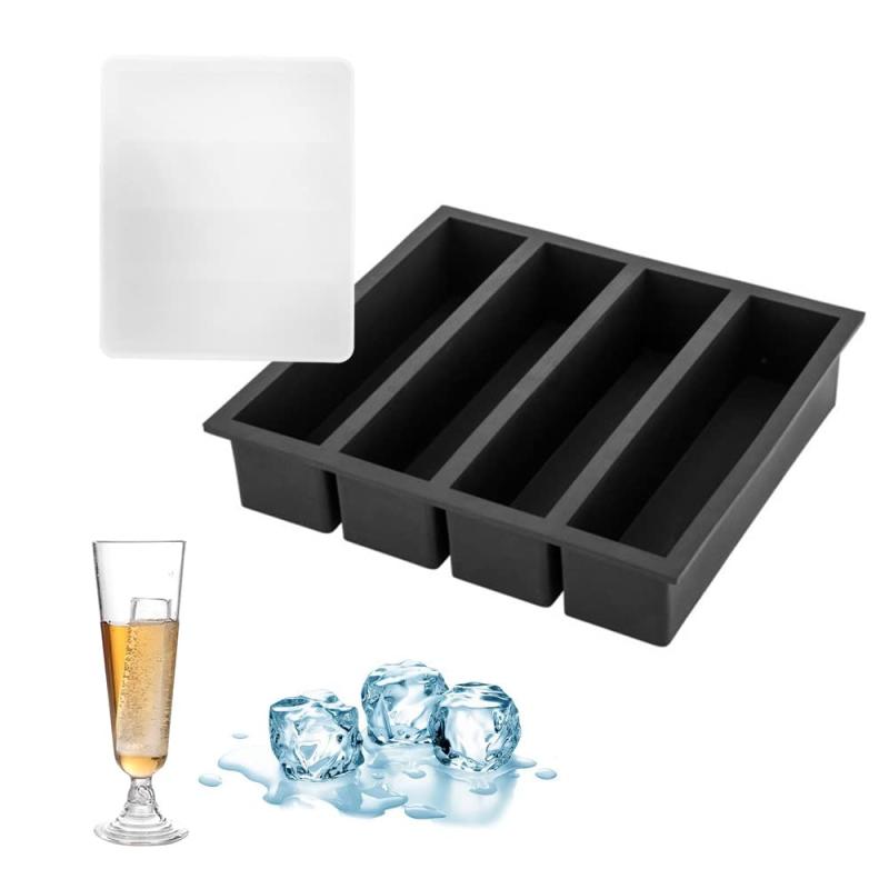 4連バー型シリコーンアイスキューブトレイ：アイスキューブ作り、クリエイティブDIY、子供の離乳食用容器付きの長方形氷キューブ製氷皿（キャップ付き）