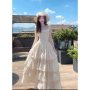レディーススカート おしゃれ 大人かわいい レディース 女性用 夏 サマー フレンチスタイル フリル袖 キャミソール ワンピース ロング丈 ドレス ふんわり ボリューム ティアード プリンセス 誕生日 バースデー ビーチ リゾート バカンス