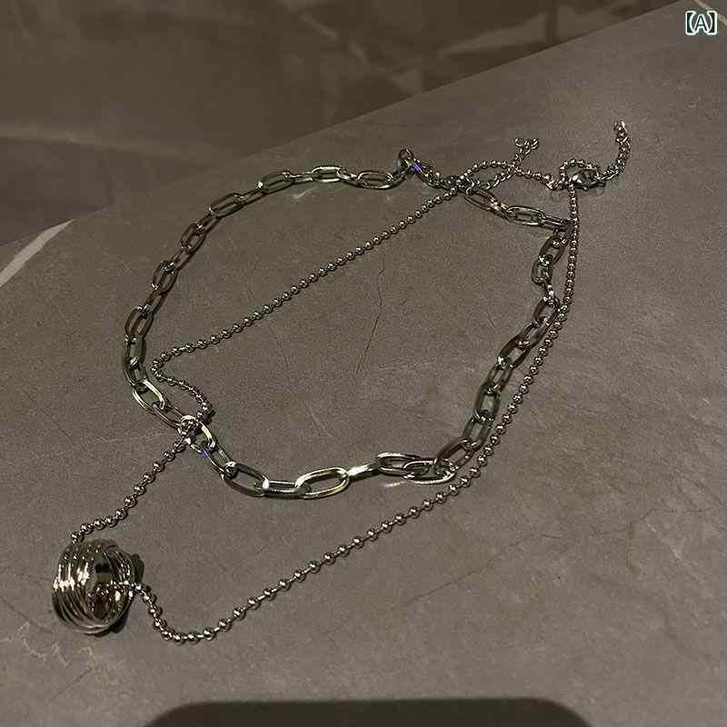 ネックレス レディース オープンハート Yh ~ クール 風の 二 重 リングの ネックレスの レディース 大衆の 設計の 高級 感のの 鎖のの 新型の 潮の 首の 鎖