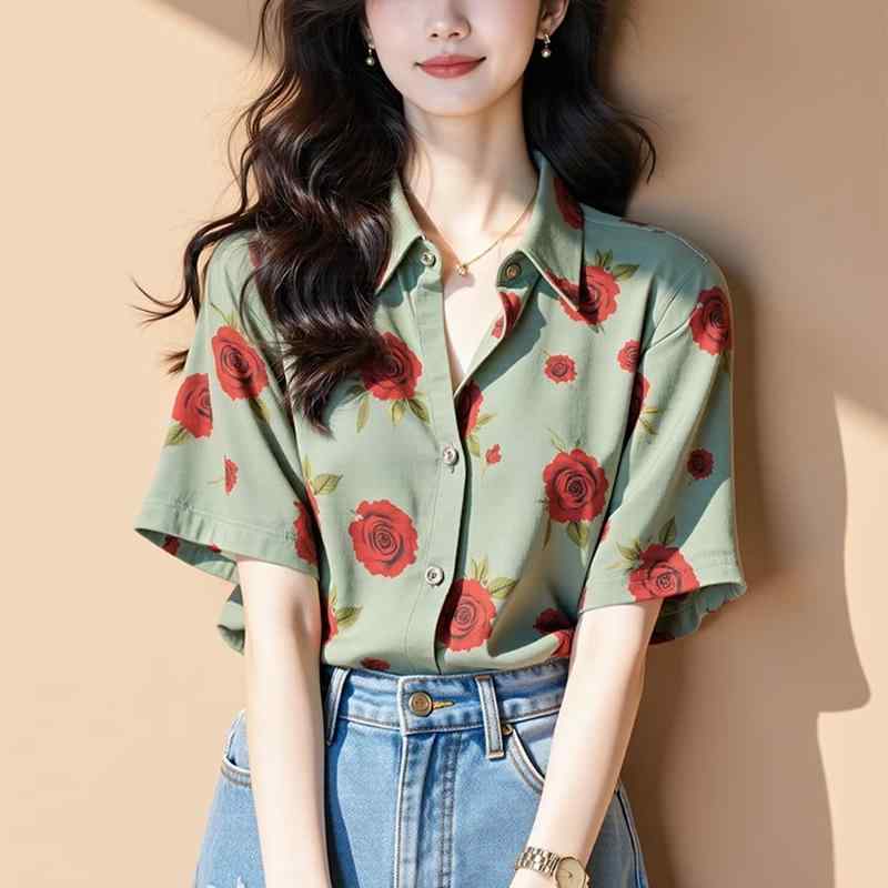 トップス おしゃれ 上品 カジュアル きれいめ 花柄 シャツ　トップス　レディース ローズ フラワー シャツ レディーストップス 2025 ミリタリーグリーン 半袖 フレンチ ハイエンド 美しい 小さい(4)