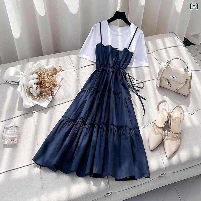 カジュアル ワンピース シンプル 大きいサイズ 大きいサイズ mm スプライシング フェイク ツーピース 半袖 ドレス 夏 レディース ドローストリング ウエスト スリミング サスペンダー シャツ